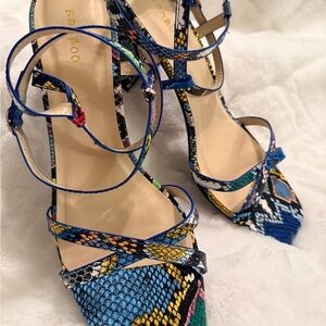 BAMBOO Blue Multicolor Snakeskin Strappy Square -Heel Sandals